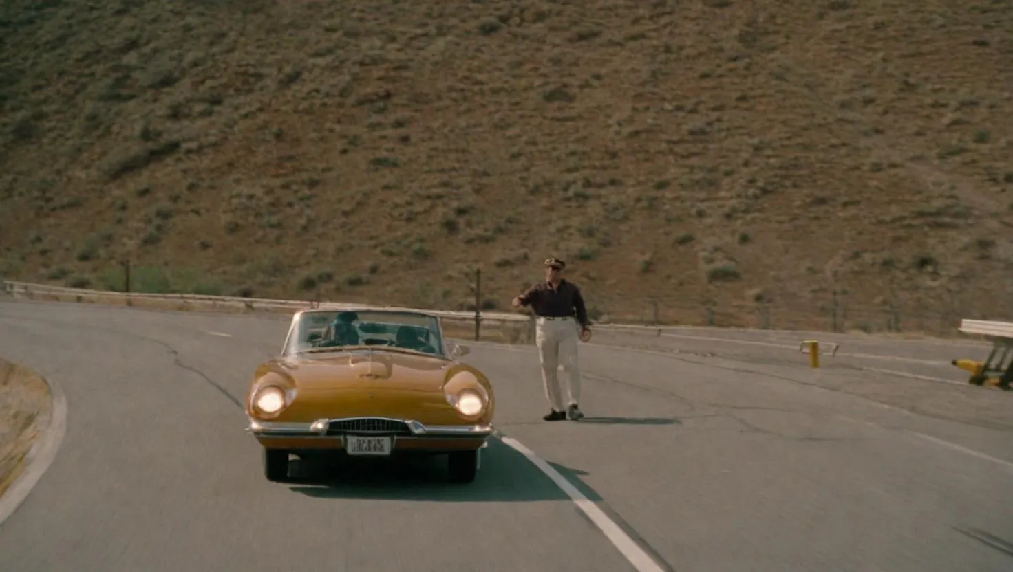 An old yellow car driving down the highway